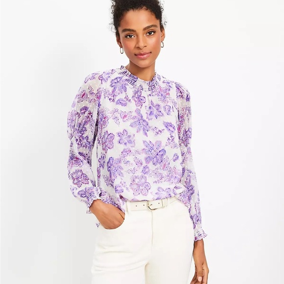 NWT LOFT Floral Smocked Puff Sleeve Ruffle Blue White Blouse - Picture 1 of 5